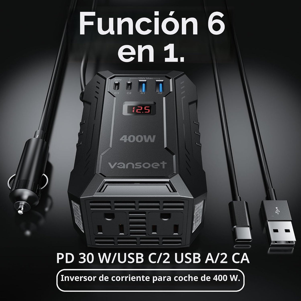 INVERSOR DE CORRIENTE DE CARRO 400W PARA VEHÍCULOS DC 12V A AC 110V