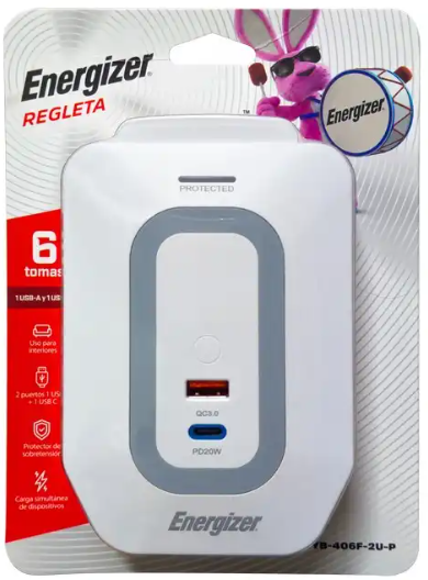 REGLETA ENERGIZER 6 TOMAS C/PUERTO USB/TIPO C