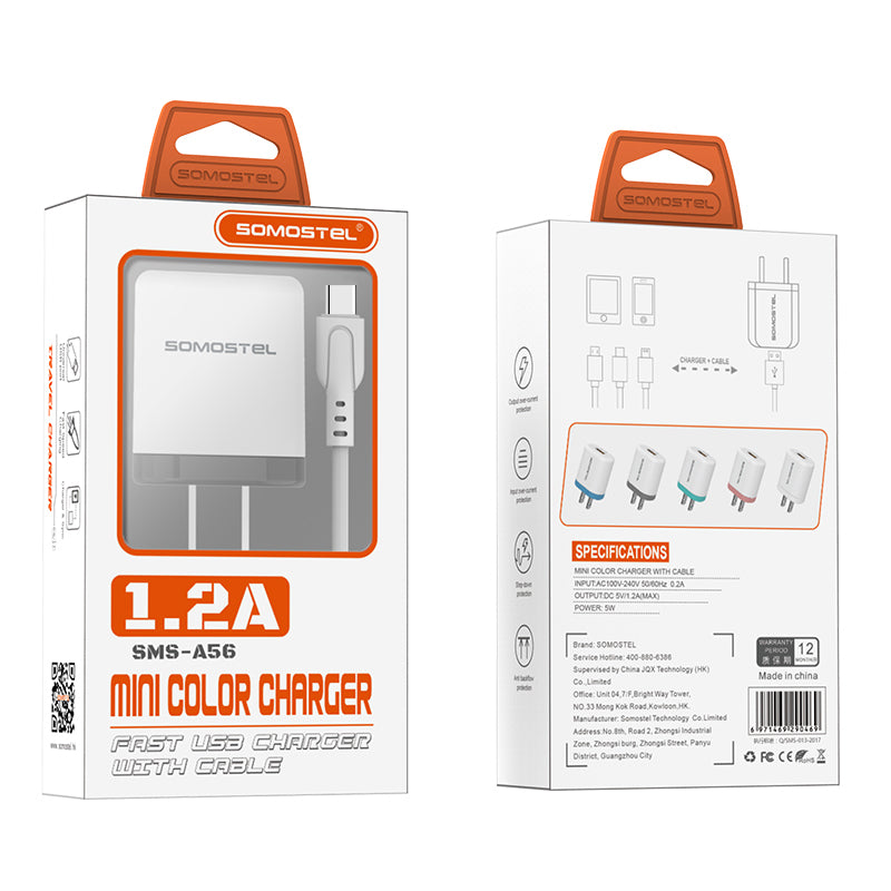 CARGADOR 2 IN 1 C/CABLE USB TIPO LIGHTNING C/GRIS SMS-A56