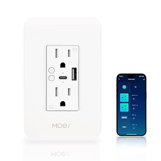 TOMACORRIENTE DE PARED USB INTELIGENTE MOES CON CARGADOR TIPO C Y TIPO A
