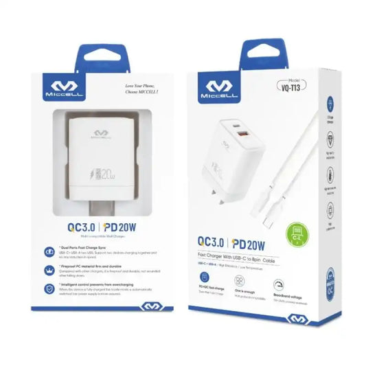CARGADOR PARED MICCELL VQ-T13 20W USB + 1 TIPO C (INCLUYE CABLE C-C)