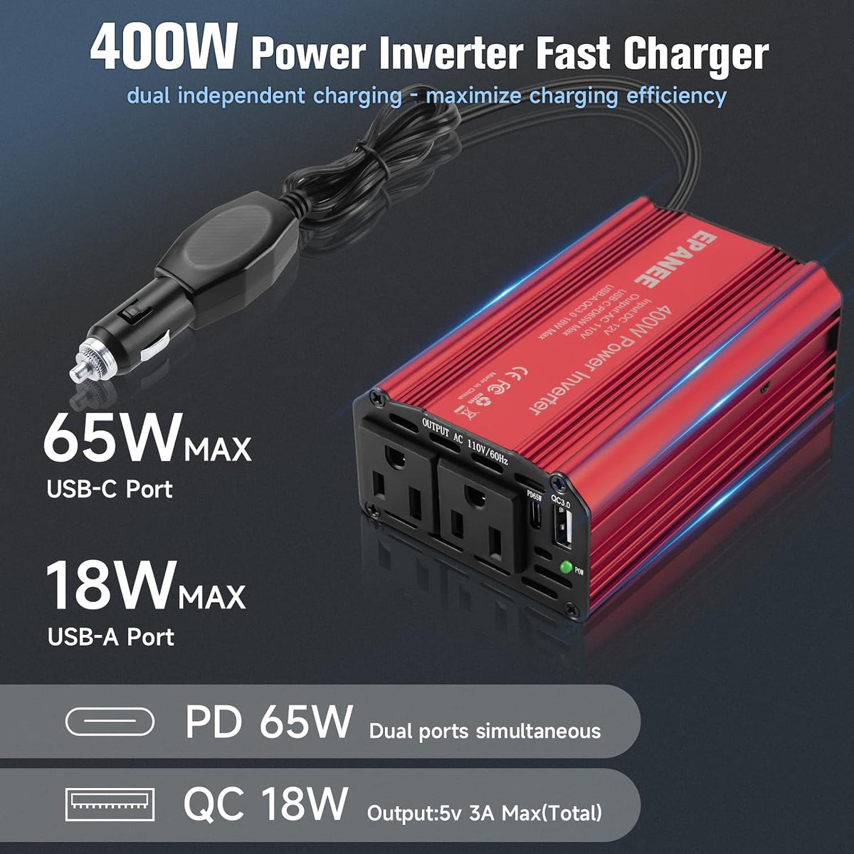 INVERSOR PARA CARRO 400W 12 V CC A 110 V CA