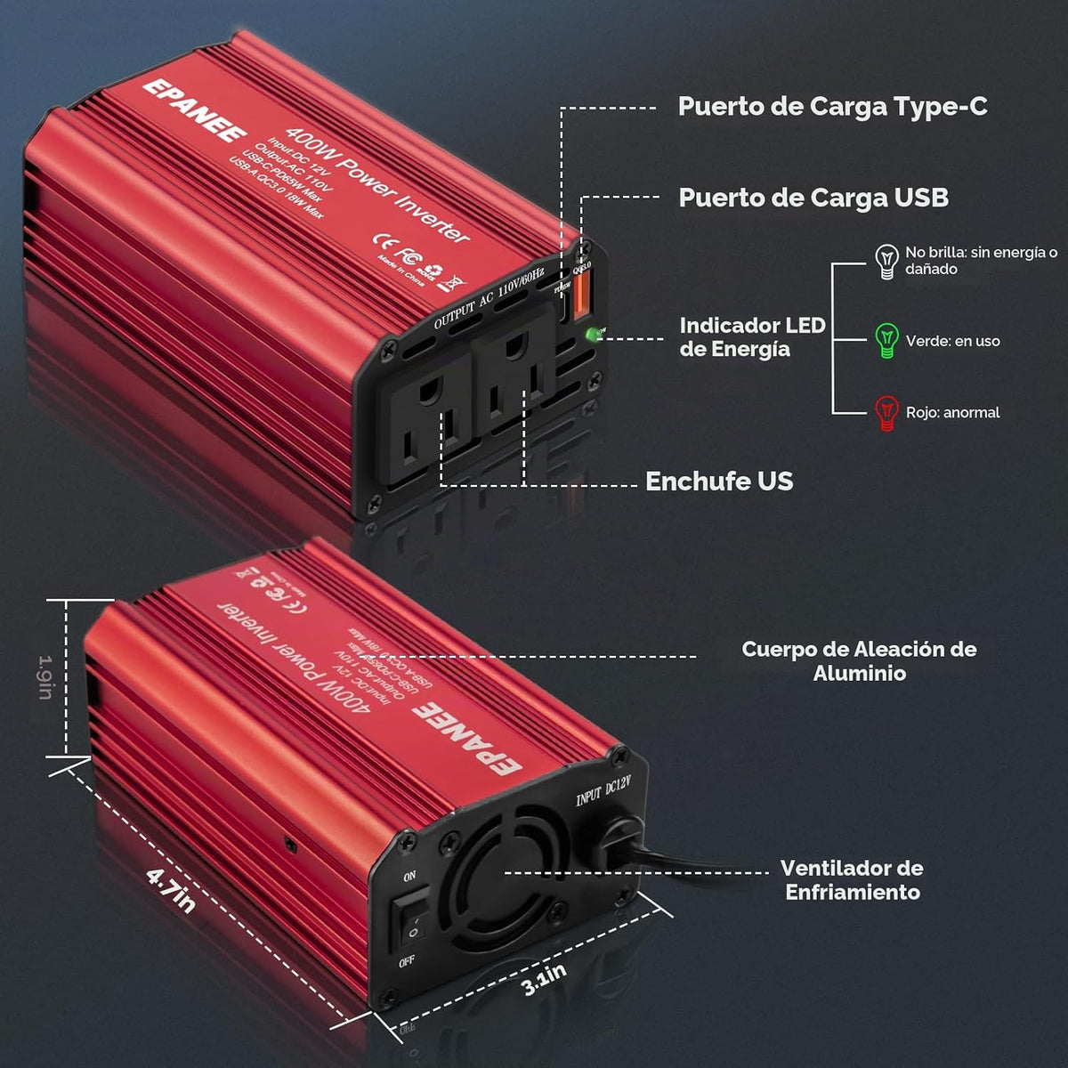 INVERSOR PARA CARRO 400W 12 V CC A 110 V CA
