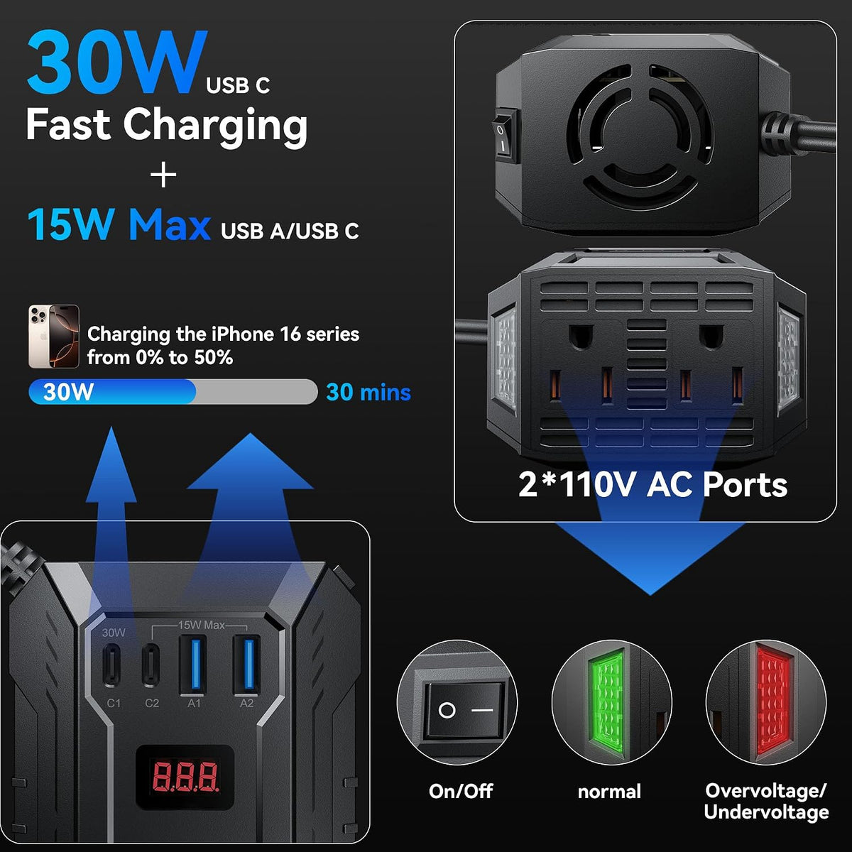 INVERSOR DE CORRIENTE DE CARRO 400W PARA VEHÍCULOS DC 12V A AC 110V