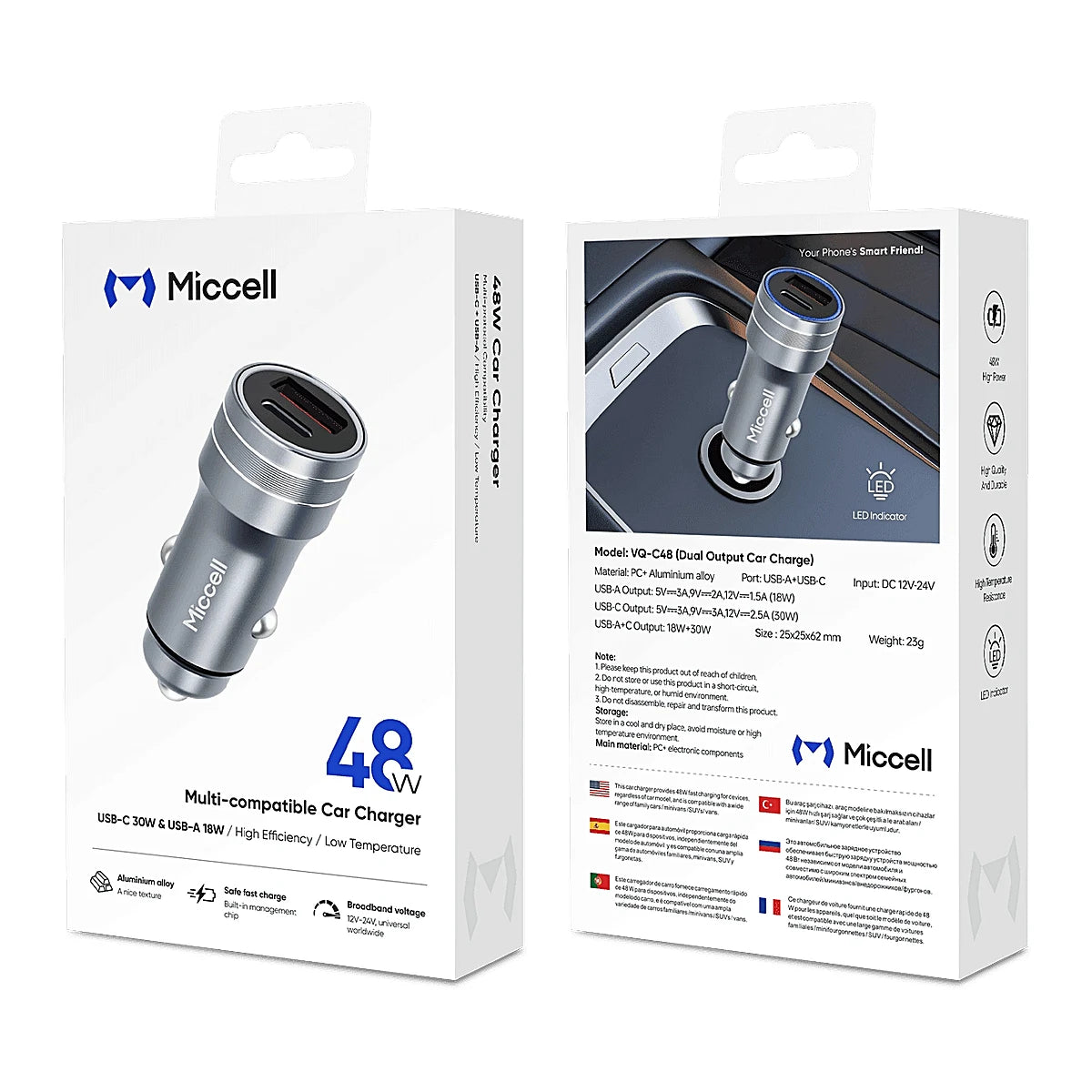 CARGADOR MICCELL VQ-C48 PARA CARRO TIPO C + TIPO A 48W PD30W