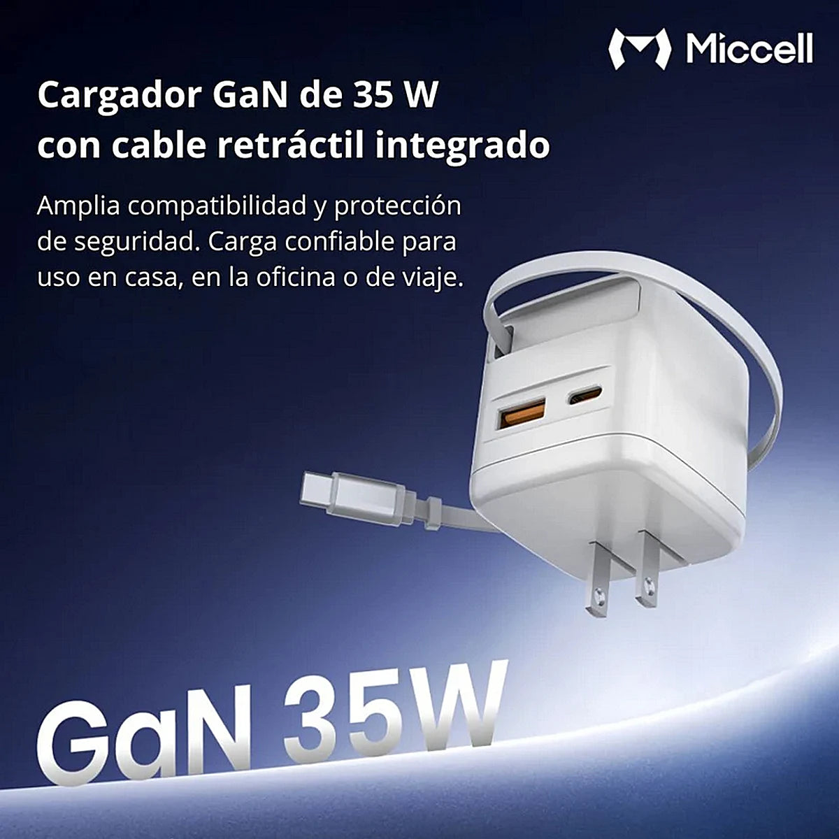 CARGADOR MICCELL TIPO A + TIPO C 35W RETRACTIL
