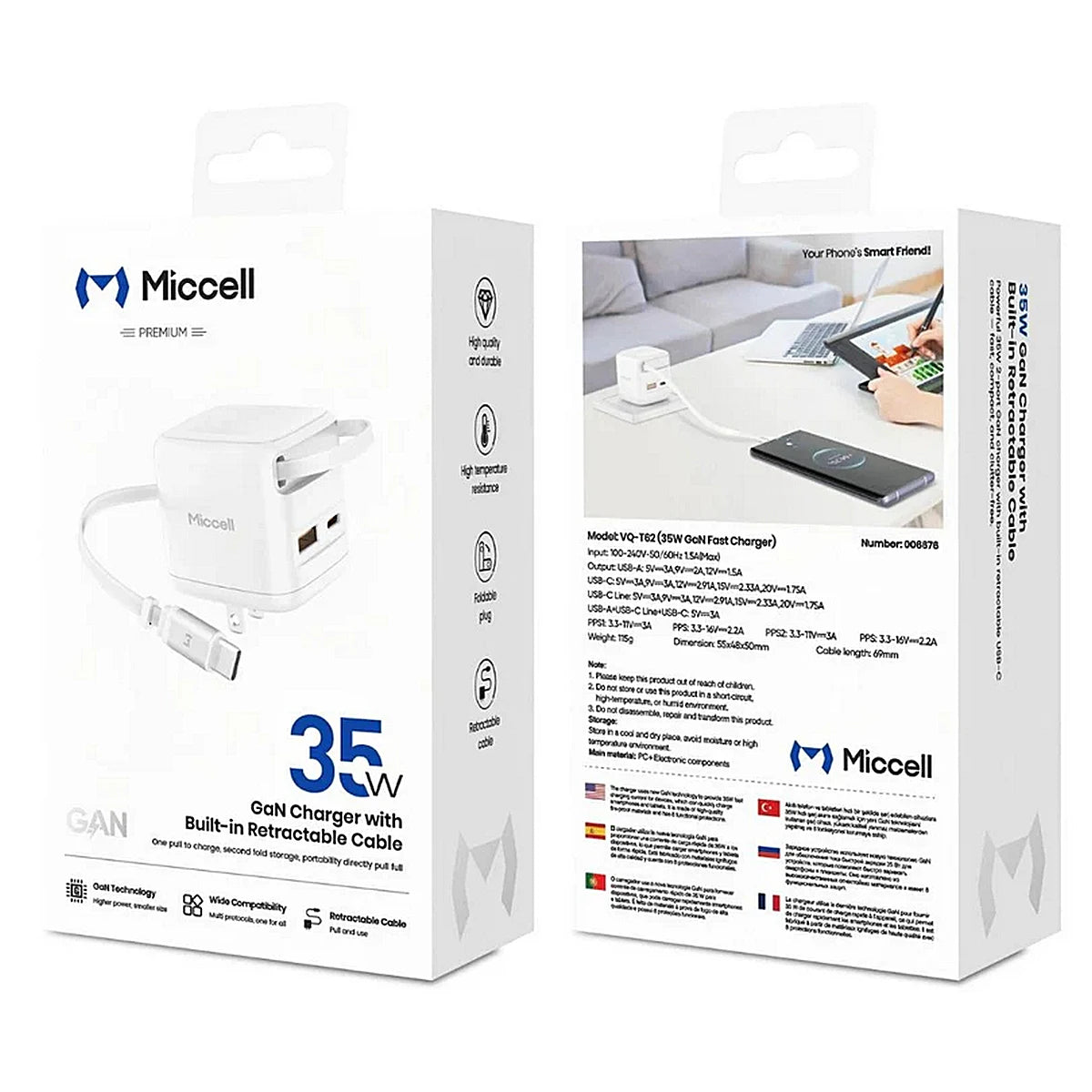 CARGADOR MICCELL TIPO A + TIPO C 35W RETRACTIL