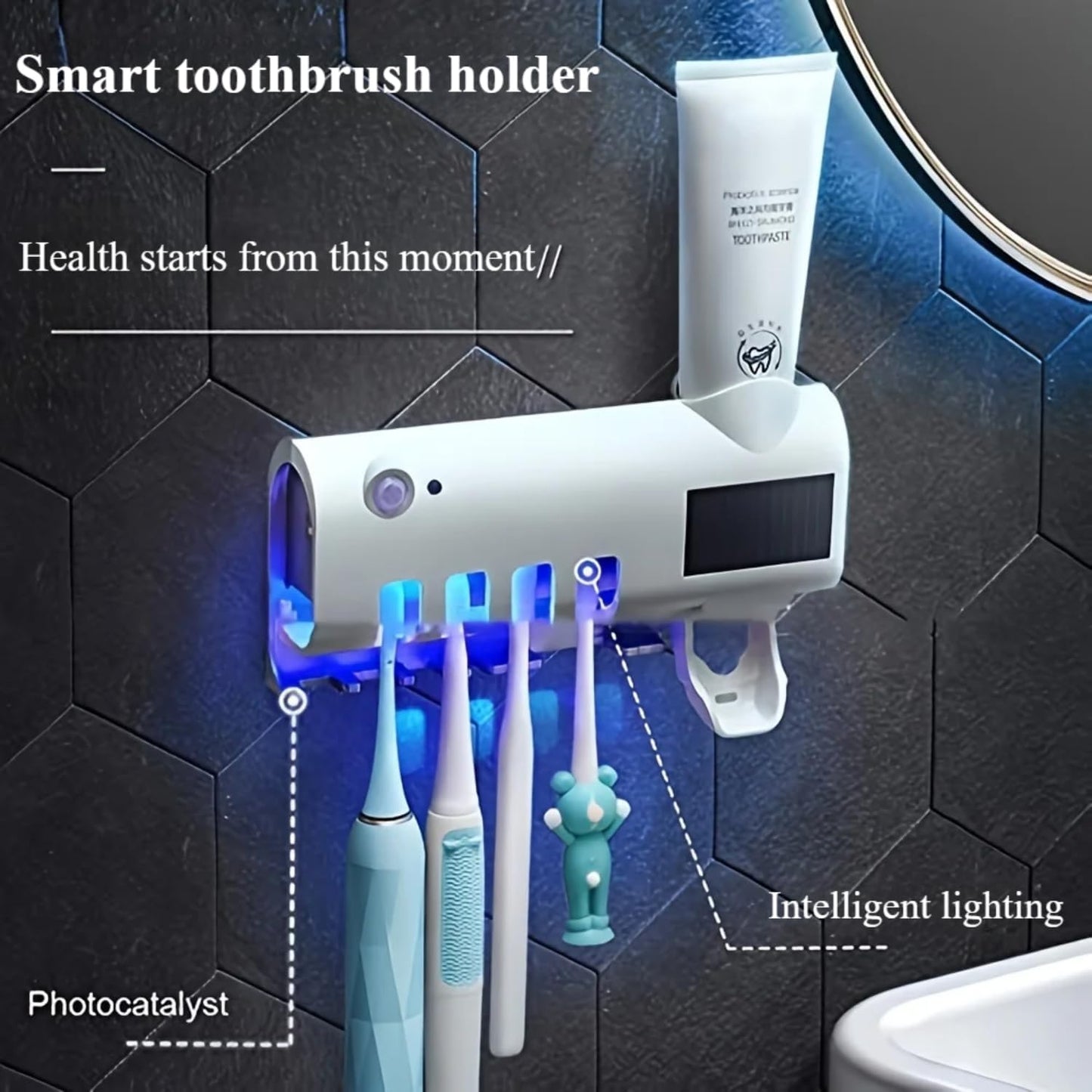 PORTACEPILLO DE DIENTES CON DISPENSADOR DE CREMA DENTAL ESTERILIZADOR UV