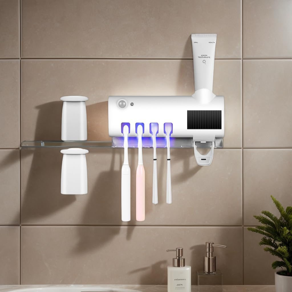 PORTACEPILLO DE DIENTES CON DISPENSADOR DE CREMA DENTAL ESTERILIZADOR UV
