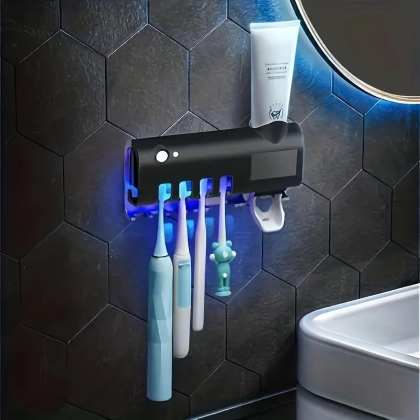 PORTACEPILLO DE DIENTES CON DISPENSADOR DE CREMA DENTAL ESTERILIZADOR UV