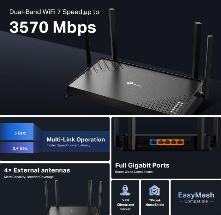 ROUTER TP-LINK ARCHER BE220 WIFI 7 DOBLE BANDA 3.0 GBPS