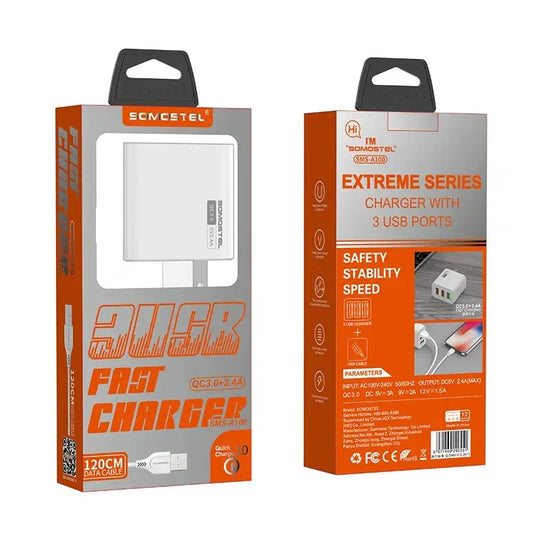 CARGADOR DE CARGA RAPIDA A100 C/CABLE USB 3 ENTRADA USB TIPO LIGHTNING C/BLANCO