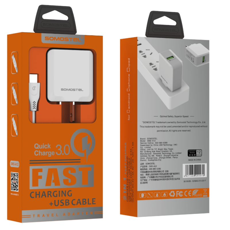CARGADOR CARGA RAPIDA A12 C/ENCHUFE EU C/CABLE USB TIPO LIGHTNING C/BLANCO SOMOSTEL