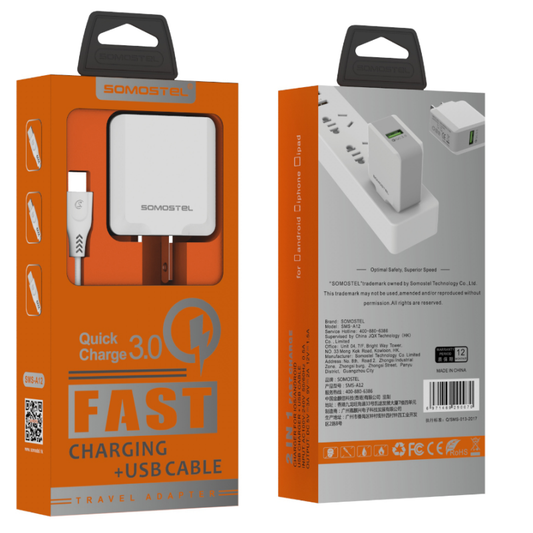 CARGADOR CARGA RAPIDA A12 C/ENCHUFE EU C/CABLE USB TIPO LIGHTNING C/BLANCO SOMOSTEL