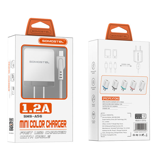 CARGADOR 2 IN 1 C/CABLE USB TIPO LIGHTNING C/GRIS SMS-A56