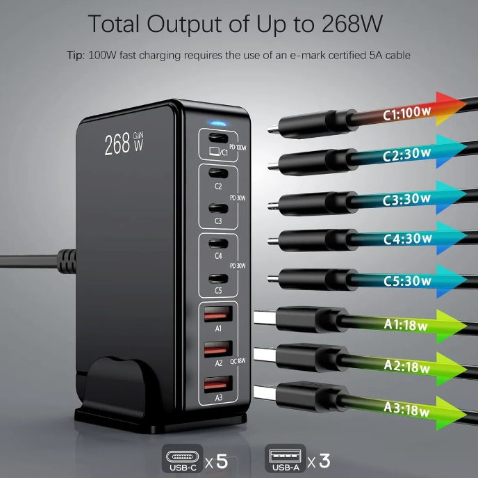 ESTACION DE CARGA RAPIDA USB C Y USB MULTIPUERTO